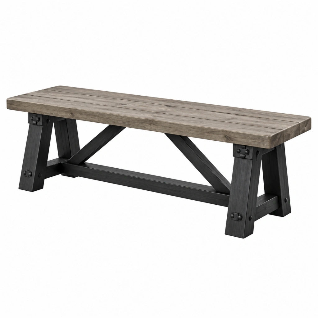 Panca 180 x 40 x 45 cm in legno grigio e nero - stile rustico con struttura a cavalletto