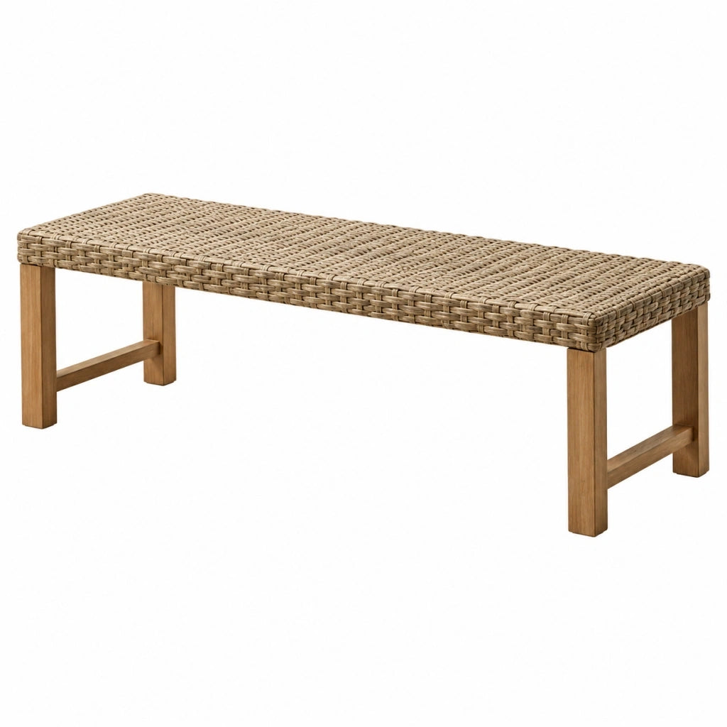 Panca 120 x 40 x 45 cm in legno e fibra intrecciata naturale per ingresso stile rustico