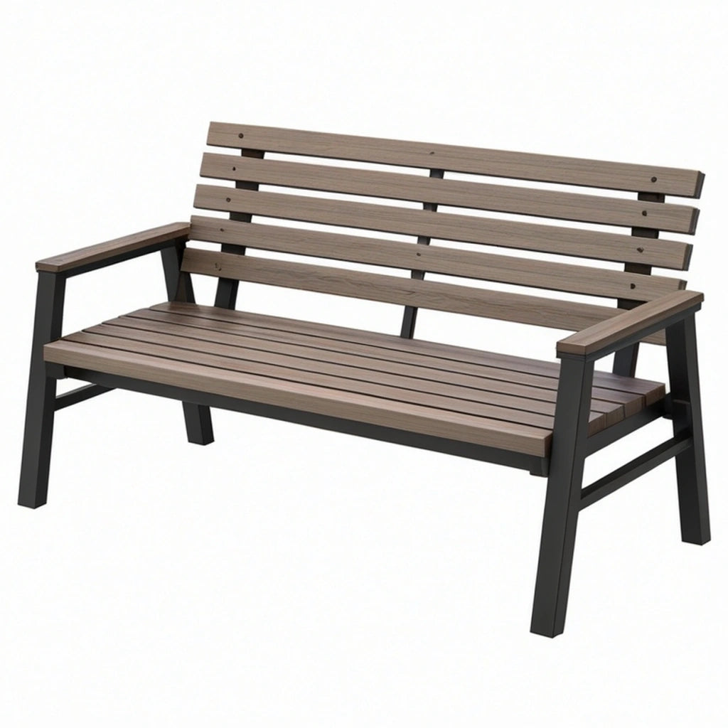 Panchina da giardino 120 x 60 x 88 cm in metallo e materiale sintetico effetto legno marrone e nero con braccioli