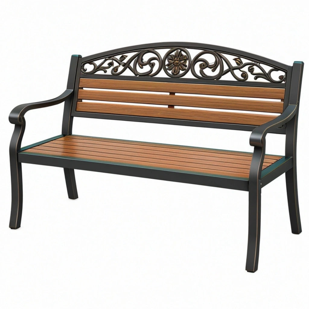Panchina da giardino 120 cm in metallo e doghe effetto legno marrone nero stile classico