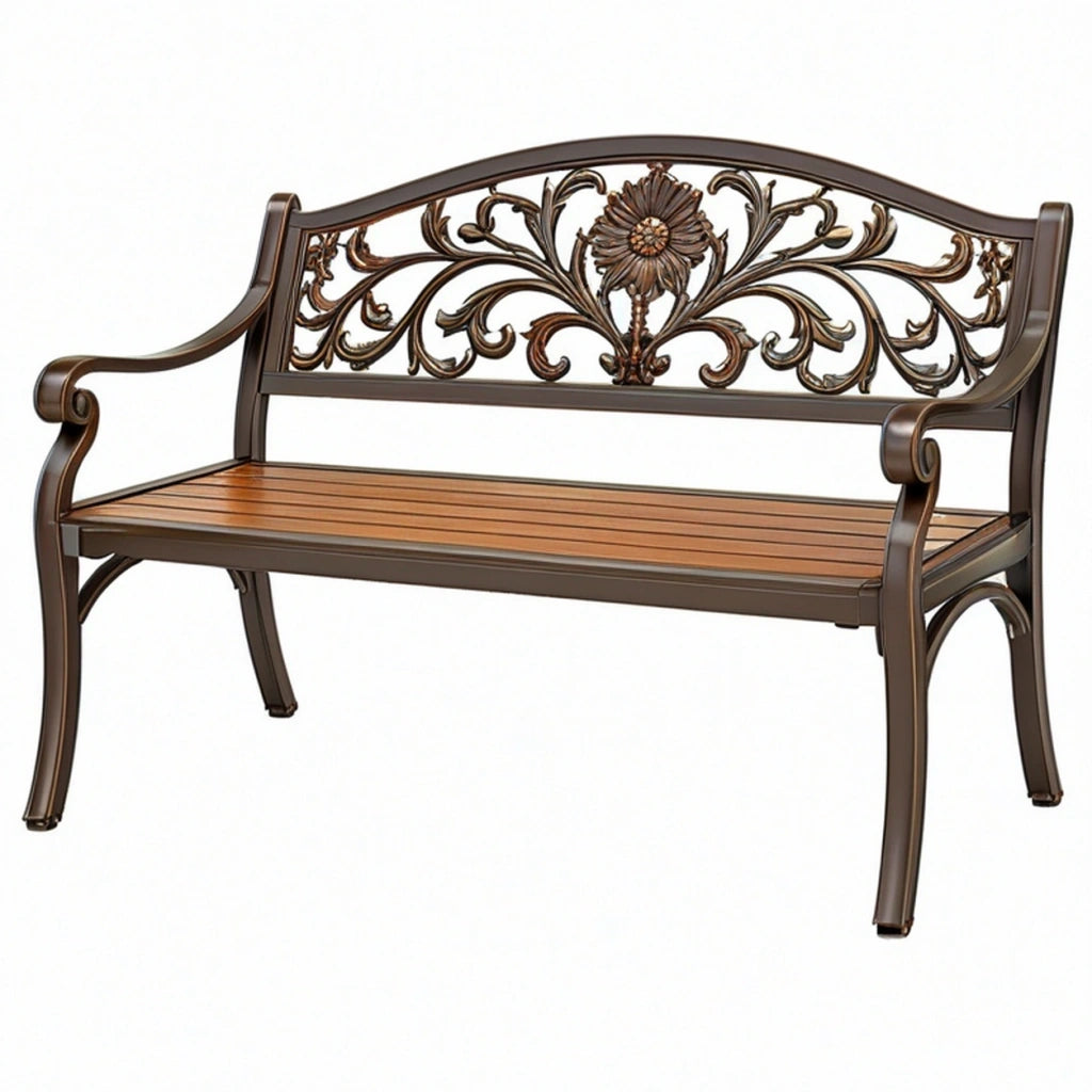 Panchina da giardino 120x60x90 cm in metallo marrone stile classico con schienale decorativo