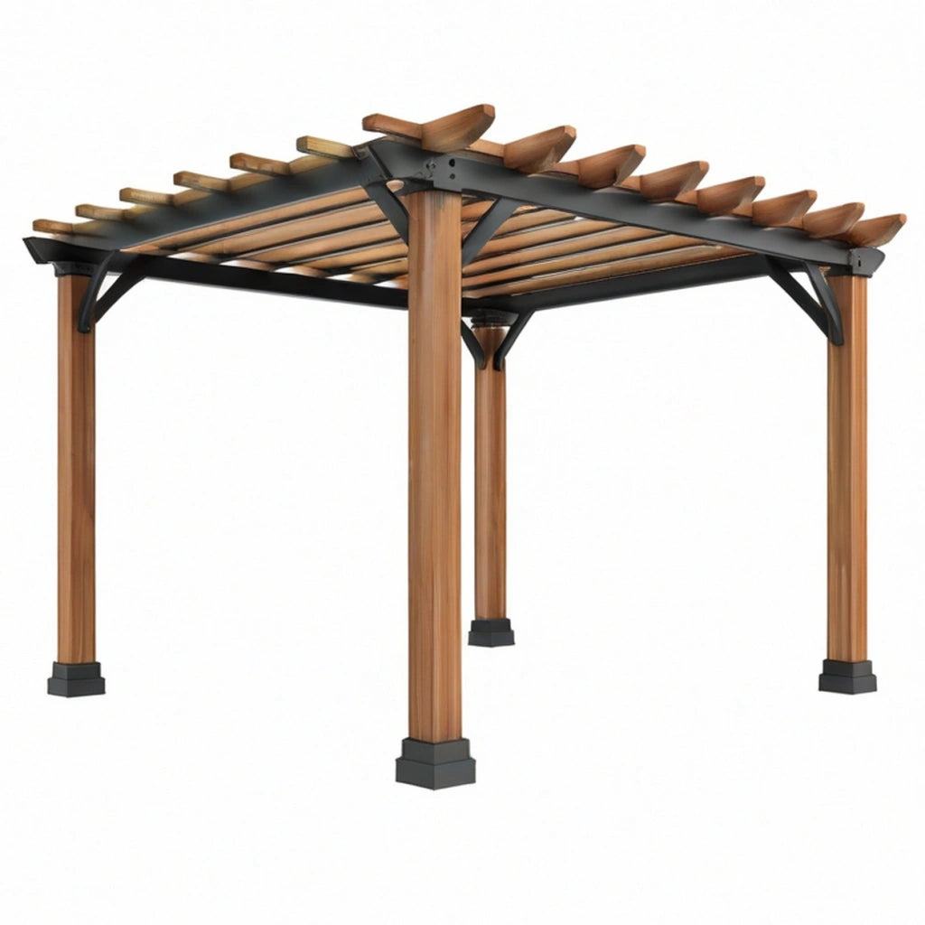 Pergola da giardino 300 x 300 x 230 cm in legno e acciaio marrone e nero - copertura a listelli