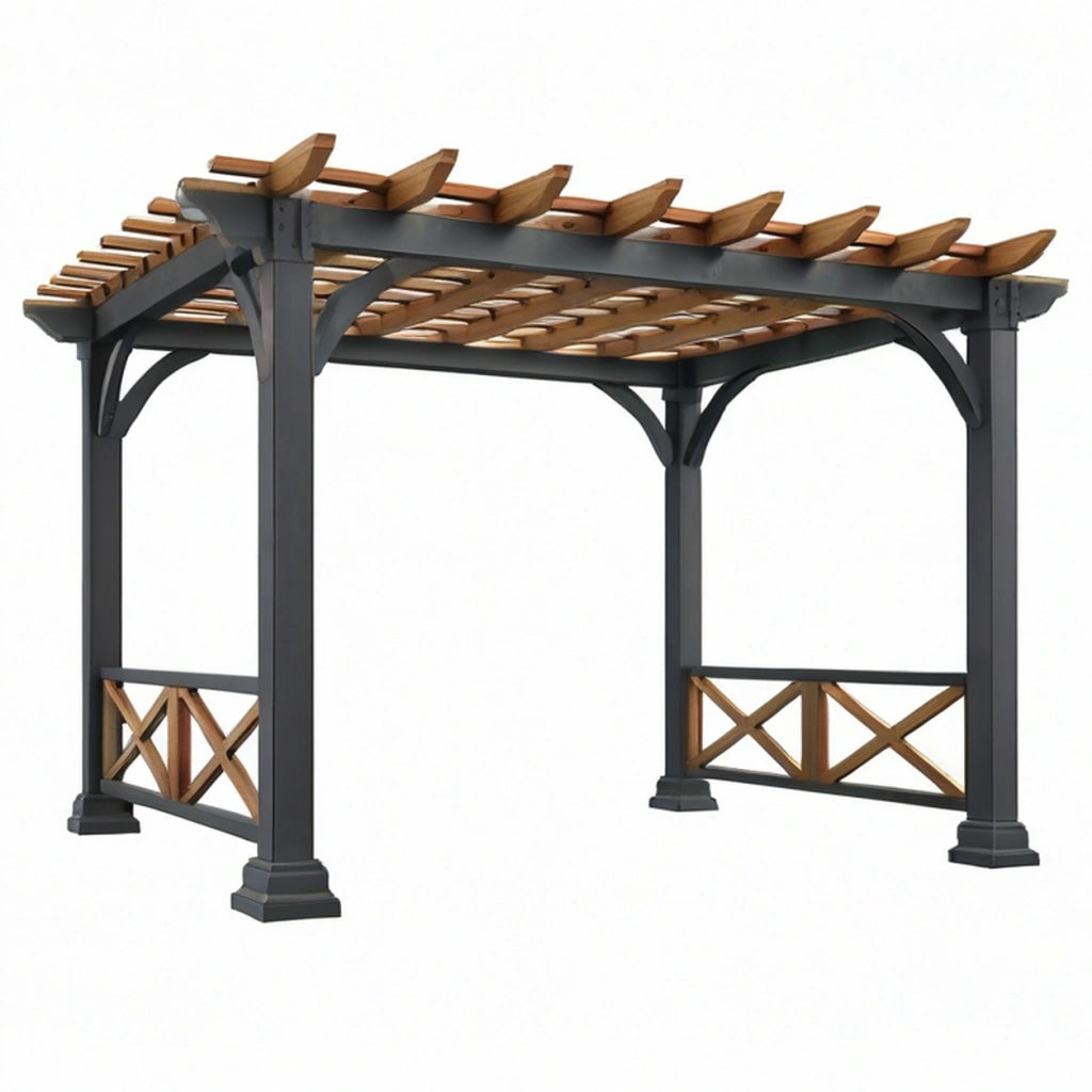 Pergola da giardino 300 x 300 x 230 cm in acciaio e legno marrone nero - struttura ombreggiante classica