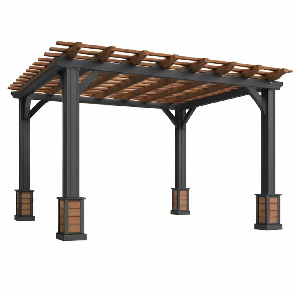 Pergola da giardino 400 x 300 x 250 cm in metallo e legno marrone/antracite con copertura a listelli