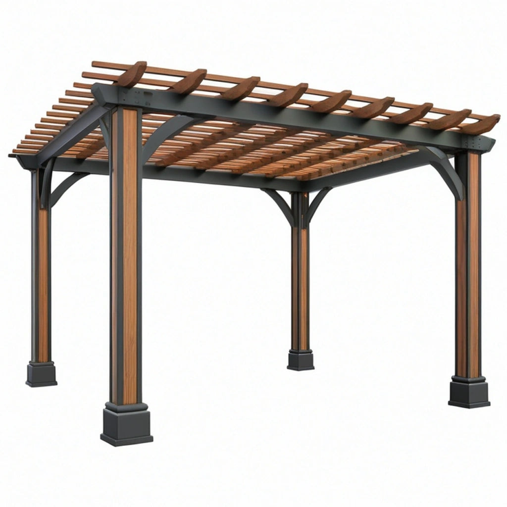 Pergola da giardino 300 x 300 x 250 cm in metallo e legno marrone/nero con tetto a listelli stile moderno