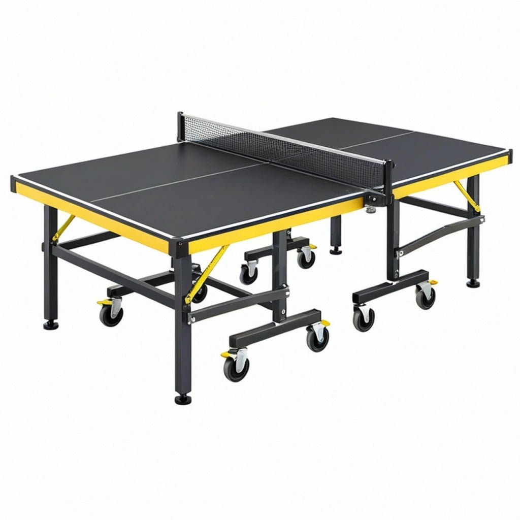 Tavolo da ping pong 274 x 152 x 76 cm in acciaio nero e giallo pieghevole con ruote